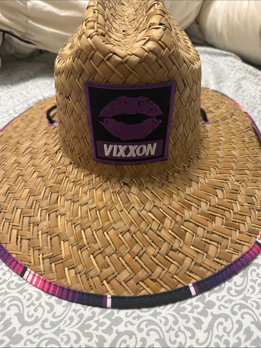 DIXXON Straw Sun Hat with Purple Lip Patch and Trim